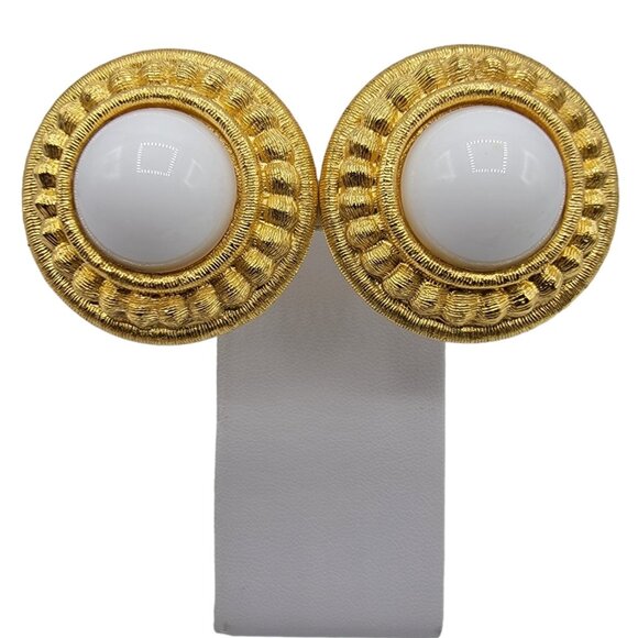 Givenchy Gold Tone Round White Lucite Button Clip On Earrings, Signed - Picture 1 of 4